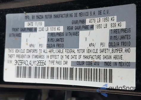 2020 Mazda Mazda3 Select Package from USA, damaged, VIN 3MZBPACL4LM126554